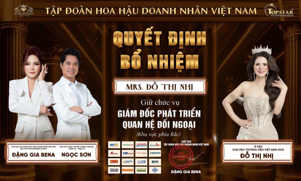 Tập đoàn Hoa hậu Doanh nhân Việt Nam bổ nhiệm Á hậu Đỗ Thị Nhị giữ vai trò Giám đốc Phát triển Quan hệ Đối ngoại